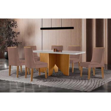 Imagem de Conjunto Sala de Jantar Nevada c/ Tampo Madeirado c/ Vidro Canto Curvo 180x90cm e 6 Cadeiras Dakota Madeira Maciça Naturale/Off White - Capuccino/Linh
