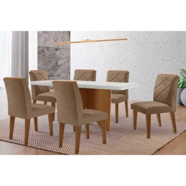 Imagem de Conjunto Sala de Jantar Nevada c/ Tampo Madeirado c/ Vidro Canto Curvo 180x90cm e 6 Cadeiras Pietá Madeira Maciça Naturale/Off White - Capuccino/Suede