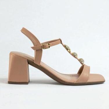 Imagem de Sandália Feminina Salto Médio Apliques Dourados Confortável-Feminino