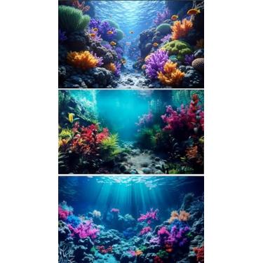 Imagem de JinFeizuo Pacote com 3 Fundo de Aquário 61 x 30 cm Tecido Fundo Aquário Tanque de Peixes Corais Submarinos Luz do Sol Rocha Plantas Aquáticas