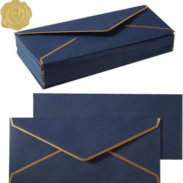 Imagem de Pacote com 10 envelopes comerciais com borda dourada, envelopes padrão autovedantes com 10 peças de adesivos dourados para escritório, cheques, correspondência, faturas, 11 x 10 cm (azul marinho)