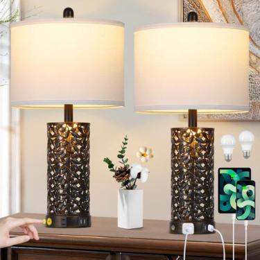 Imagem de Conjunto de luminárias de mesa vintage Cinkeda com 2 tomadas USB rústi