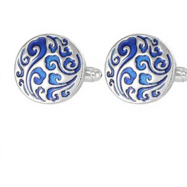 Imagem de Abotoaduras genéricas, elegantes, redondas, esmalte, azul, padrão floral