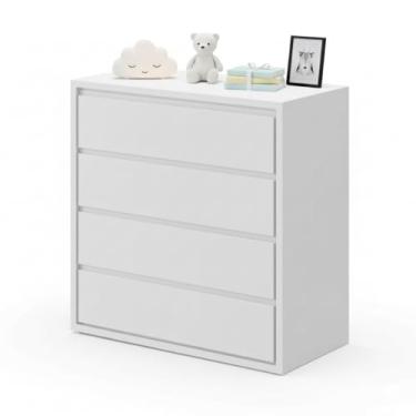 Imagem de Cômoda Infantil 4 Gavetas Sol e Mar Divicar em MDF com Trilhos Telescópicos, Puxadores Usinados e Acabamento Laqueado UV Branco e Amadeirado para Quarto de Bebê Moderno (Branco)