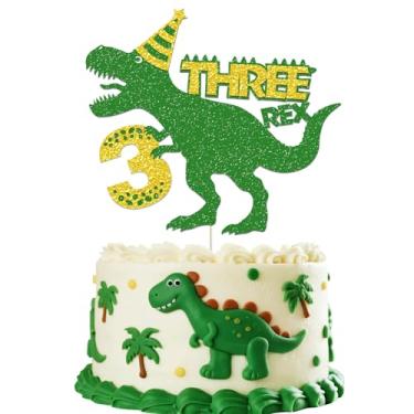 Imagem de Dinosaur Rex 3rd Birthday Cake Decorations - Green Glitter Dino T-Rex Three Year Old Cake Topper for Dinosaurs Theme Kids Boys 3 Years Old Birthday Party Supplies Decoration