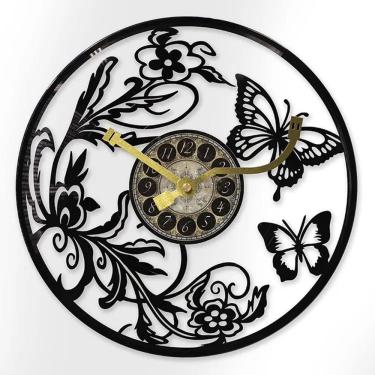Imagem de Relógio de parede Floral & Butterfly Vinyl Disc 30 cm com moldura de metal