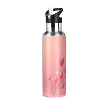 Imagem de Wassud Garrafa de água para dia dos namorados corações garrafa de água esportiva de aço inoxidável com canudo garrafas de água isoladas copo portátil de viagem 623 g