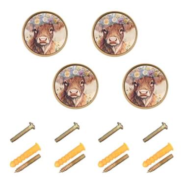 Imagem de Burbuja Puxadores de armário de cozinha fofos flores de vaca, pacote com 4, puxadores redondos de 3,5 cm, puxadores de cômoda com parafusos para cozinha, quarto, armários, armário