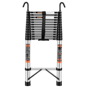 Imagem de Escada telescópica, escada de extensão de 4 m com ganchos, capacidade máxima de 150 kg, escada telescópica dobrável para trailer, telhado, ambiente externo