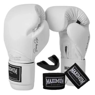 Imagem de Kit Luva de Boxe Muay Thai Kickboxing Classic Branco + Bandagem 3m + Protetor Bucal - Maximum-Unissex