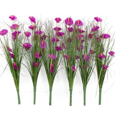 Imagem de Griine 6 feixes de grama de trigo artificial e caule de cebola com glórias da manhã, arbustos altos falsos resistentes a UV para vasos externos e decoração de casa (rosa vermelha)
