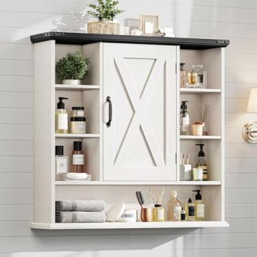 Imagem de Armário de parede de banheiro, armário de remédios de fazenda com prateleiras ajustáveis e portas de celeiro, armário grande montado na parede sobre o vaso sanitário para banheiro, lavanderia, cozinha