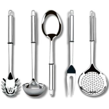 Imagem de Kit 5 Utensílios de Cozinha em Aço Inox Colher De Arroz Concha Escumadeira Pegador de Massa e Garfo(05 PEÇAS)