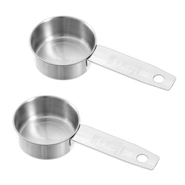 Imagem de 2 peças de 1/8 xícara (30 ml, 28.3 g), colher de medição de aço inoxidável, colheres de café, xícaras pequenas de metal, colher de sopa para ingredientes úmidos e secos, medição métrica e americana