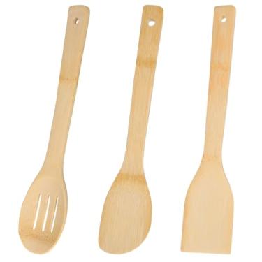 Imagem de 3 colheres de madeira de bambu para cozinhar, conjunto de utensílios de cozinha de 30,5 cm para panelas antiaderentes, escumadeira de bambu, espátula de madeira para panelas antiaderentes