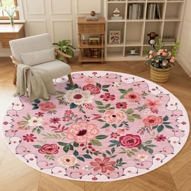 Imagem de DUKINO Tapete redondo floral, tapete circular lavável de 1,8 m, tapete circular antiderrapante para interior baixo, tapete macio com design boho pequeno para quarto, entrada, sala de estar, sala de