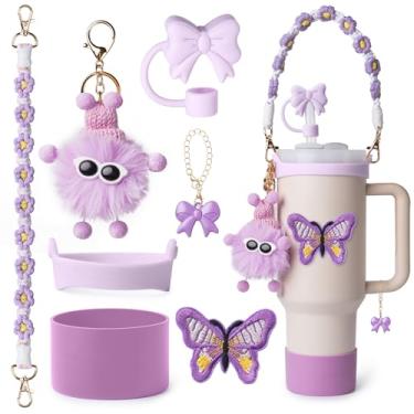 Imagem de JINHCHIF Stanley Cup Accessories Set I Alça de alça de garrafa de água, bota de copo de silicone, adesivo de borboleta, pingentes de chaveiro e berloques de alça, acessórios de topo de palha de arco
