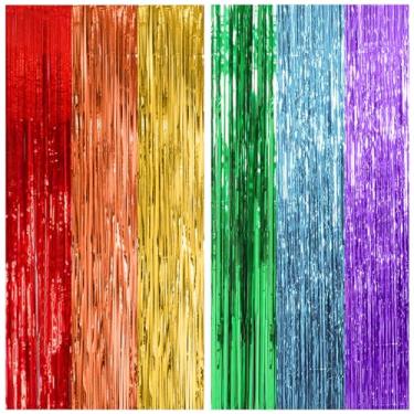 Imagem de Pacote com 2 decorações de festa arco-íris cortina de tinsel cortina de festa com franja de alumínio decorações de aniversário cabine de fotos tema colorido primeiro dia de escola noivado decoração de