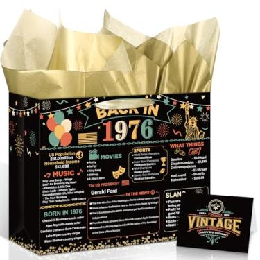 Imagem de Peconal Bolsa de presente de aniversário de 50 anos de ouro preto vintage Back in 1976 Sacos de presente com cartão de felicitações Saco de papel de embrulho de 50º aniversário para mulheres homens