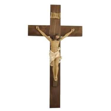 Imagem de ENNAS Crucifixo de parede grande com estatueta de Jesus de resina – Cruz de madeira de 48 cm com gancho de metal – Decoração de parede religiosa feita à mão para casa, igreja ou sala de oração