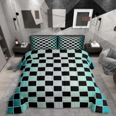 Imagem de Erosebridal Conjunto de edredom xadrez azul-petróleo, turquesa, cinza, xadrez, para adultos, homens e mulheres, edredom com grades geométricas, 2 peças