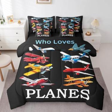 Imagem de Conjunto de edredom solteiro com desenho de avião de avião, avião, avião, helicóptero, para meninos e meninas, veículo aéreo voador (edredom + lençol de cima + 2 fronhas + 2 fronhas de travesseiro)