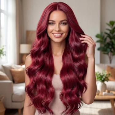 Imagem de Peruca de cabelo humano com renda frontal ondulada para mulheres, 33 x 10 perucas frontais de renda transparente, linha do cabelo pré-arrancada, estilo natural sem cola, vinho 66 cm