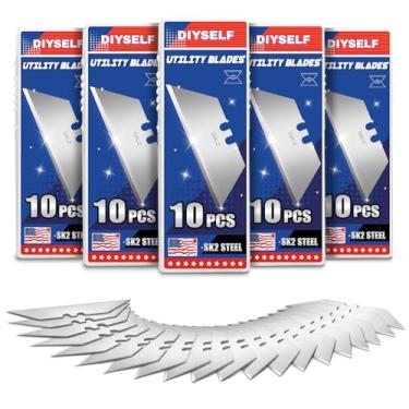 Imagem de DIYSELF Pacote com 50 lâminas utilitárias, lâminas de corte SK2, refis de lâminas utilitárias resistentes com caixa de armazenamento, lâminas de barbear para cortador de caixa, papelão, carpete, couro