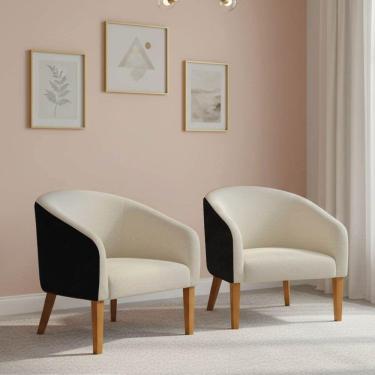 Imagem de Poltrona Sala Decorativa Kit 2 Stella Pé Madeira Trapézio Castanho Sintético Pu Preto-linho Bege D03 - D'rossi