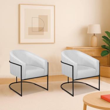 Imagem de Kit 2 Poltronas Decorativa Jade Moderno Escritório Confortável Luxo Base De Ferro Preto Bouclé Cor Branco