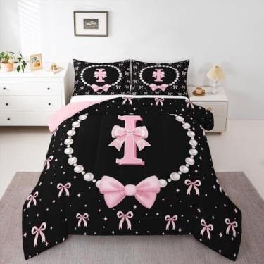 Imagem de Erosebridal Conjunto de cama Queen com laço rosa e preto – Conjunto de edredom com laço inicial I para meninas e crianças, colcha de laço de fita rosa, monograma, decoração de quarto com 2 fronhas