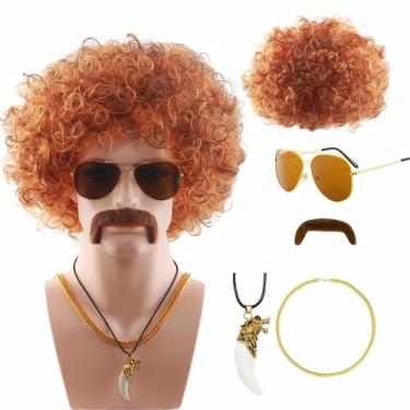 Imagem de Conjunto de perucas Retro Disco Curly Brown Cosplay 70s 80s para homen