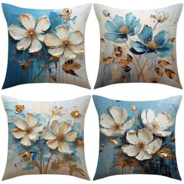 Imagem de Capa de travesseiro floral azul e linho creme 45x45cm - yiweisai