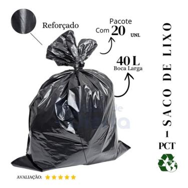 Imagem de Saco de Lixo 40L Reforçado de Plástico para Cozinha Preto com 20 Unidades Higipack