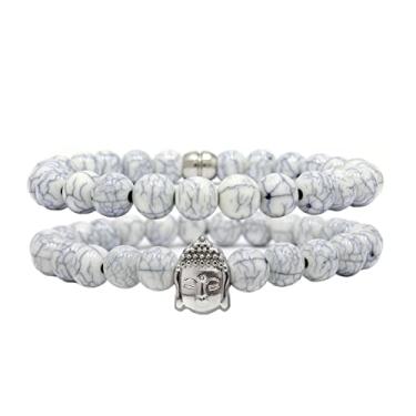 Imagem de Kit C/02 Pulseiras de Bolinha Masculina Buda Meditação Paz Branco Rajado (16cm)