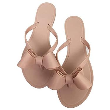 Imagem de Mtzyoa sandália feminina flip-Flops pérolas laço praia rebites chatos chuva geleia ouro pérolas, Nude, 9