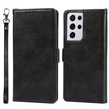 Imagem de Capa carteira para Samsung Galaxy S21/S21 Plus/S21 Ultra, bloqueio de RFID, capa de couro de poliuretano com alça de pulso e compartimentos para cartões, capa protetora flip magnética, preta, S21 Ultra 6,8 polegadas