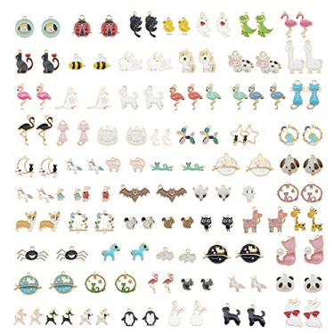 Imagem de JJGQAZ 100 peças (50 pares) pingentes de esmalte de animais sortidos encantos cachorro gato abelha flamingo girafa unicórnio pingentes esmaltados para fazer pulseira brinco, 10 mm-40 mm, zinco, sem pedra preciosa, 10MM-40MM, Zinco, Sem pedra preciosa