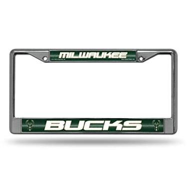 Imagem de NBA Rico Industries Moldura de placa de licença cromada brilhante com detalhes em glitter, Milwaukee Bucks, 15,24 x 31,12 cm