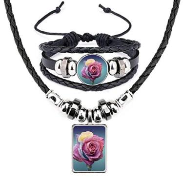 Imagem de Conjunto de joias pulseira de couro rosa escuro com rosas