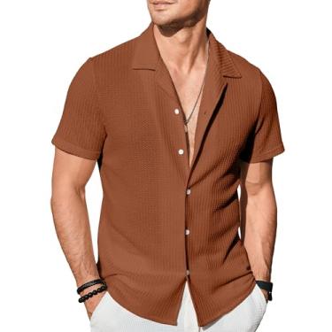 Imagem de PLEPAN Camisas casuais masculinas de manga curta com botões de malha waffle camisas de verão praia vintage moda tops, Tijolo, P