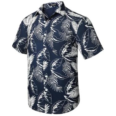Imagem de Camisetas masculinas havaianas manga curta Aloha camisa masculina casual abotoada tropical Havaí floral verão praia festa, Azul-marinho/branco, GG