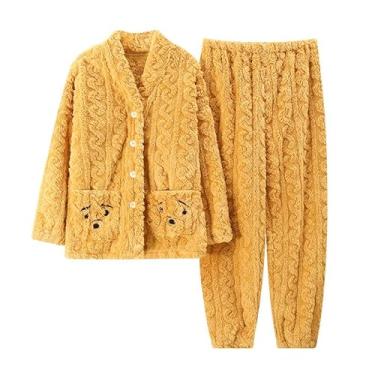 Imagem de LUBOSE Pijamas femininos confortáveis, conjunto de pijamas femininos, pijamas femininos de veludo coral, pijamas térmicos femininos, dois conjuntos de pijamas - amarelo M, Amarelo, M