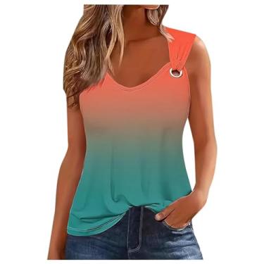Imagem de Lainuyoah Camisetas femininas sem mangas casuais de verão com alça redonda e gola entalhada, casual, colorblock gradiente, moderna, E laranja, XXG