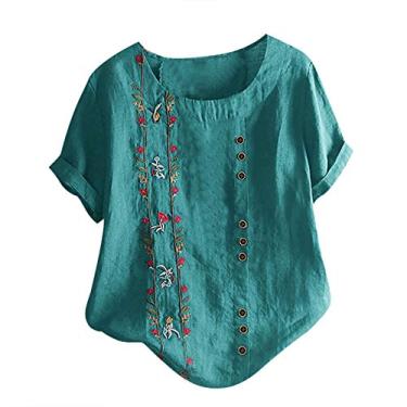 Imagem de Camisetas femininas de linho, estampa floral, manga curta, gola redonda, botões, caimento solto, casual, túnica, Verde, P