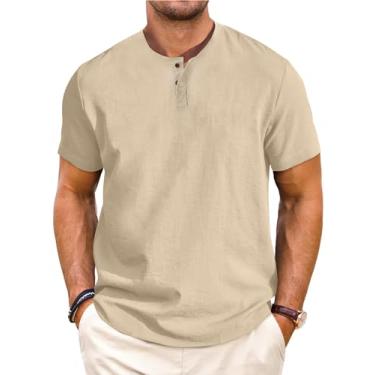 Imagem de JMIERR Camisas masculinas de linho manga curta gola redonda gola redonda botão longo tops praia, Bege, GG