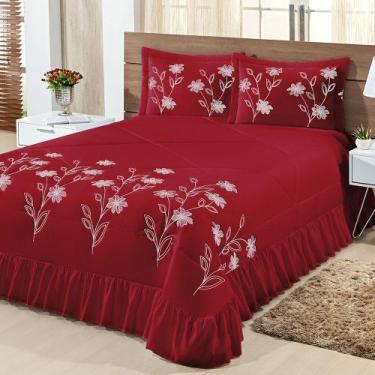 Imagem de Kit Cobre Leito Casal Queen Lírio 03 Peças - Vermelho - Bordados Finos