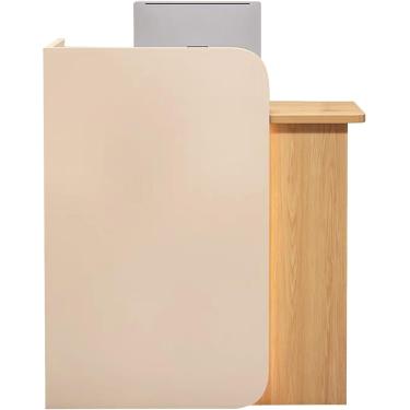 Imagem de Mesa de recepção pequena, balcão espesso, balcão de caixa de varejo com gavetas bloqueáveis, sala de recepção, lobby, varejo, loja, salão de beleza, sala de aula de pódio, escritório, cáqui + madeira