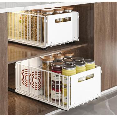 Imagem de YunNasi Organizador de armário com gavetas, prateleiras de armazenamento, organizador de armário, cesta deslizante para cozinha, sem perfuração e pregos (branco, 2 peças 25 cm L x 38 cm P x 19 cm A)