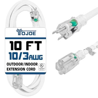 Imagem de yojoe Cabo De Extensão Para Ambientes Internos E Externos Com Ponta Iluminada, Alimentação 3 Pinos, 15 A, À Prova Intempéries, Calibre 10, Resistente, Pés, Branco, Garagem, Jardim Casa, 10/3 Sjtw, C